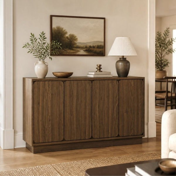 English Elm 59.1 Inch Four Door Matte Sideboard Credenza with Adjustable Shelves for Dining Room Walnut W409P476213
