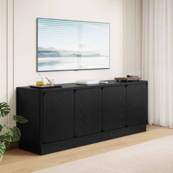 English Elm Black Matte Wood Grain Media Console with Four Door Storage and Built in Cable Management Black W409P476215