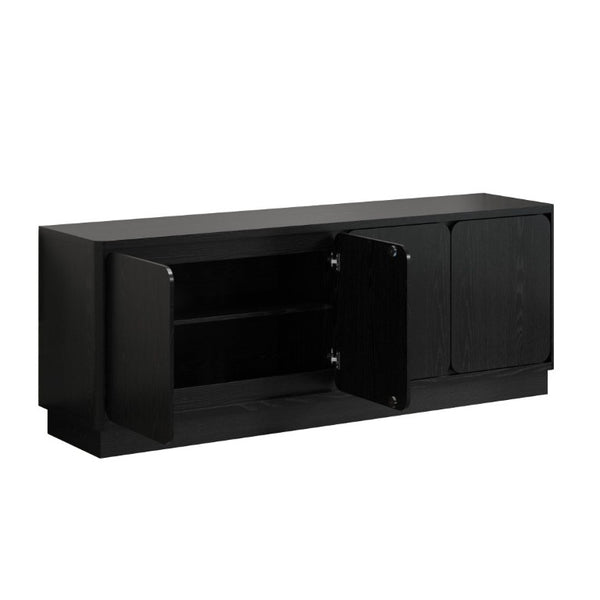 English Elm Black Matte Wood Grain Media Console with Four Door Storage and Built in Cable Management Black W409P476215