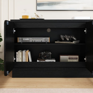 English Elm Black Matte Wood Grain Media Console with Four Door Storage and Built in Cable Management Black W409P476215