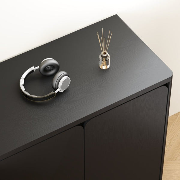 English Elm Black Matte Wood Grain Media Console with Four Door Storage and Built in Cable Management Black W409P476215