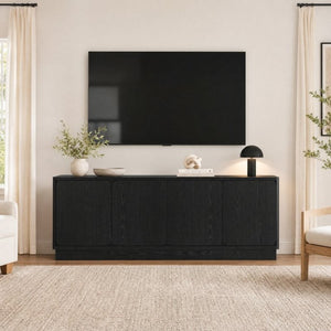 English Elm Black Matte Wood Grain Media Console with Four Door Storage and Built in Cable Management Black W409P476215