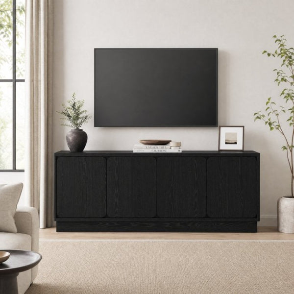 English Elm Black Matte Wood Grain Media Console with Four Door Storage and Built in Cable Management Black W409P476215