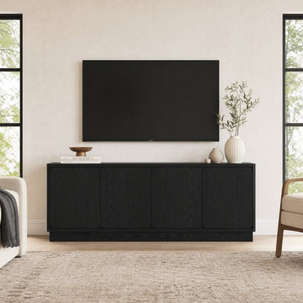 English Elm Black Matte Wood Grain Media Console with Four Door Storage and Built in Cable Management Black W409P476215