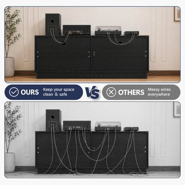 English Elm Black Matte Wood Grain Media Console with Four Door Storage and Built in Cable Management Black W409P476215