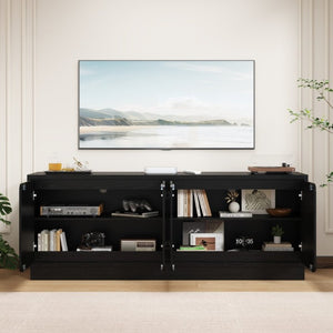 English Elm Black Matte Wood Grain Media Console with Four Door Storage and Built in Cable Management Black W409P476215
