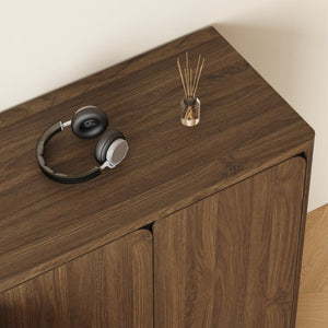 English Elm Black Matte Wood Grain Media Console with Four Door Storage and Built in Cable Management Walnut W409P476216