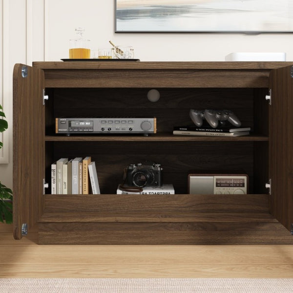 English Elm Black Matte Wood Grain Media Console with Four Door Storage and Built in Cable Management Walnut W409P476216