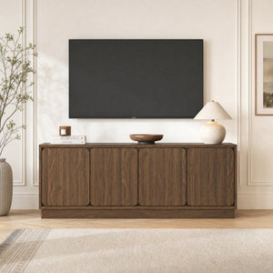 English Elm Black Matte Wood Grain Media Console with Four Door Storage and Built in Cable Management Walnut W409P476216