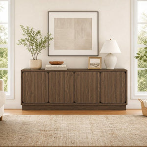 English Elm Black Matte Wood Grain Media Console with Four Door Storage and Built in Cable Management Walnut W409P476216