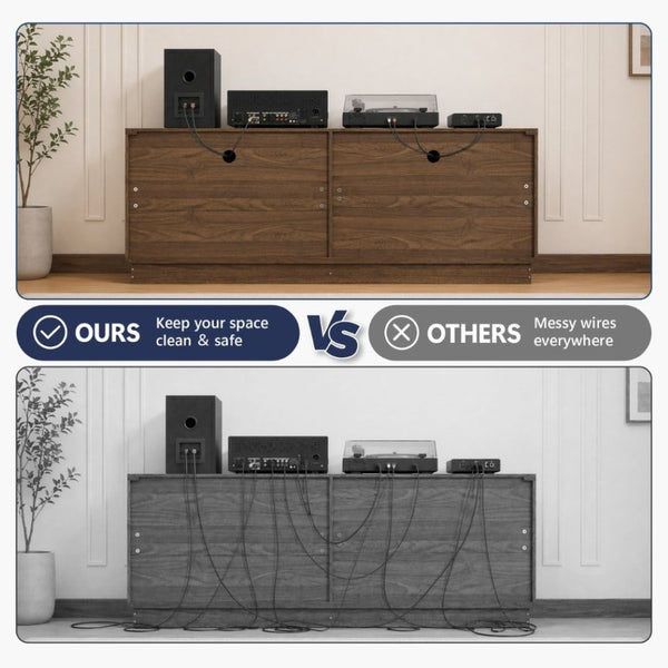 English Elm Black Matte Wood Grain Media Console with Four Door Storage and Built in Cable Management Walnut W409P476216