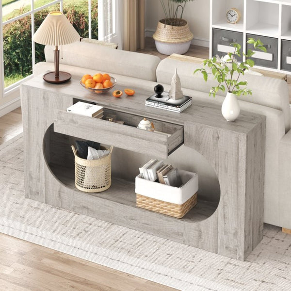 English Elm Modern Grey Wood Grain Console Table Slim Entryway Foyer Sofa Accent with Drawer W409P476243