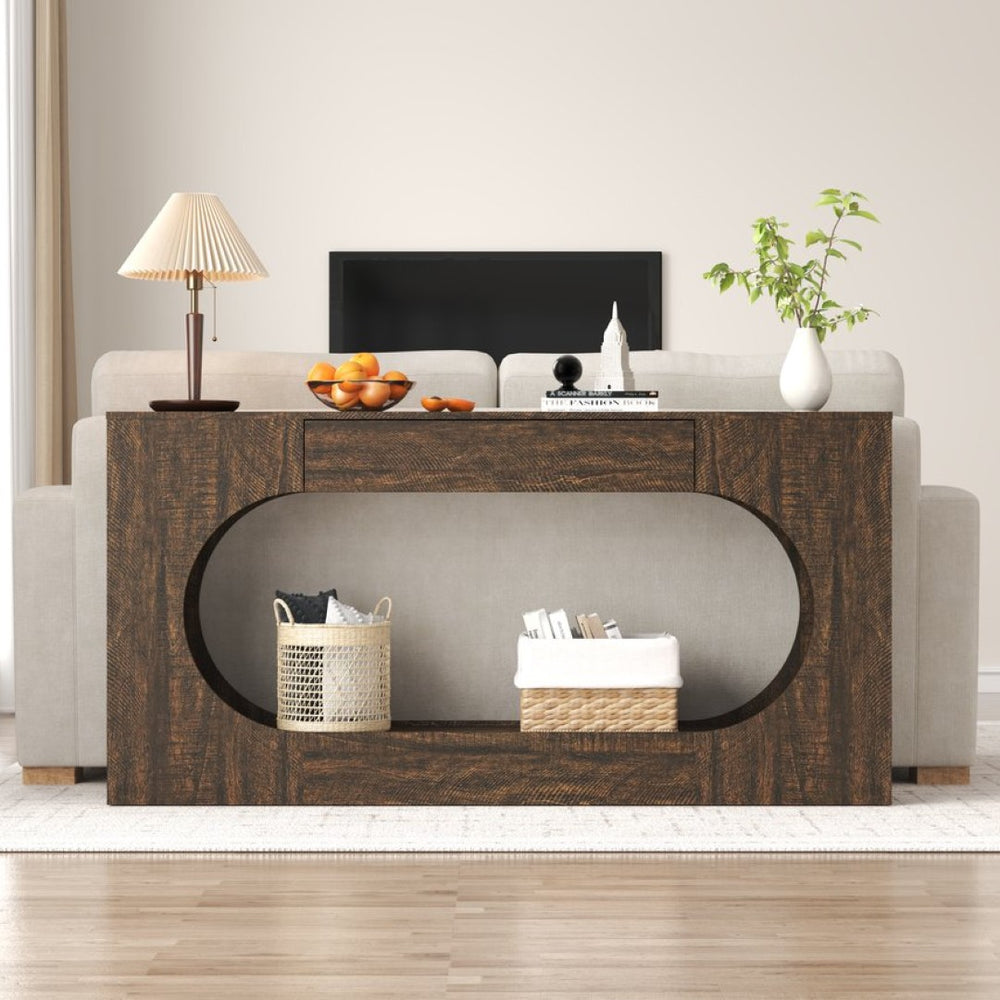 English Elm Walnut Grain Engineered Wood Entryway Console with Drawer and Oval Open Frame W409P476244