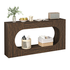 English Elm Walnut Grain Engineered Wood Entryway Console with Drawer and Oval Open Frame W409P476244