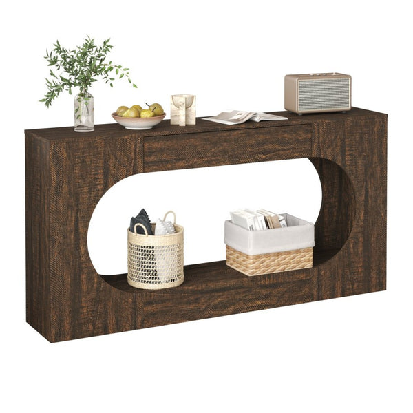English Elm Walnut Grain Engineered Wood Entryway Console with Drawer and Oval Open Frame W409P476244