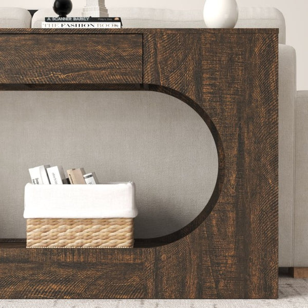 English Elm Walnut Grain Engineered Wood Entryway Console with Drawer and Oval Open Frame W409P476244