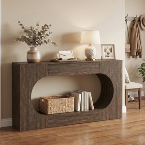 English Elm Walnut Grain Engineered Wood Entryway Console with Drawer and Oval Open Frame W409P476244