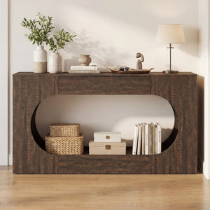 English Elm Walnut Grain Engineered Wood Entryway Console with Drawer and Oval Open Frame W409P476244
