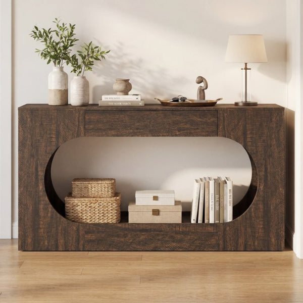 English Elm Walnut Grain Engineered Wood Entryway Console with Drawer and Oval Open Frame W409P476244