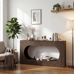 English Elm Walnut Grain Engineered Wood Entryway Console with Drawer and Oval Open Frame W409P476244