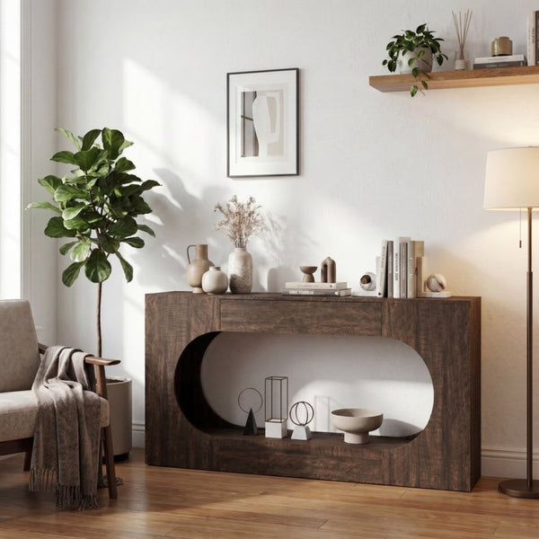 English Elm Walnut Grain Engineered Wood Entryway Console with Drawer and Oval Open Frame W409P476244