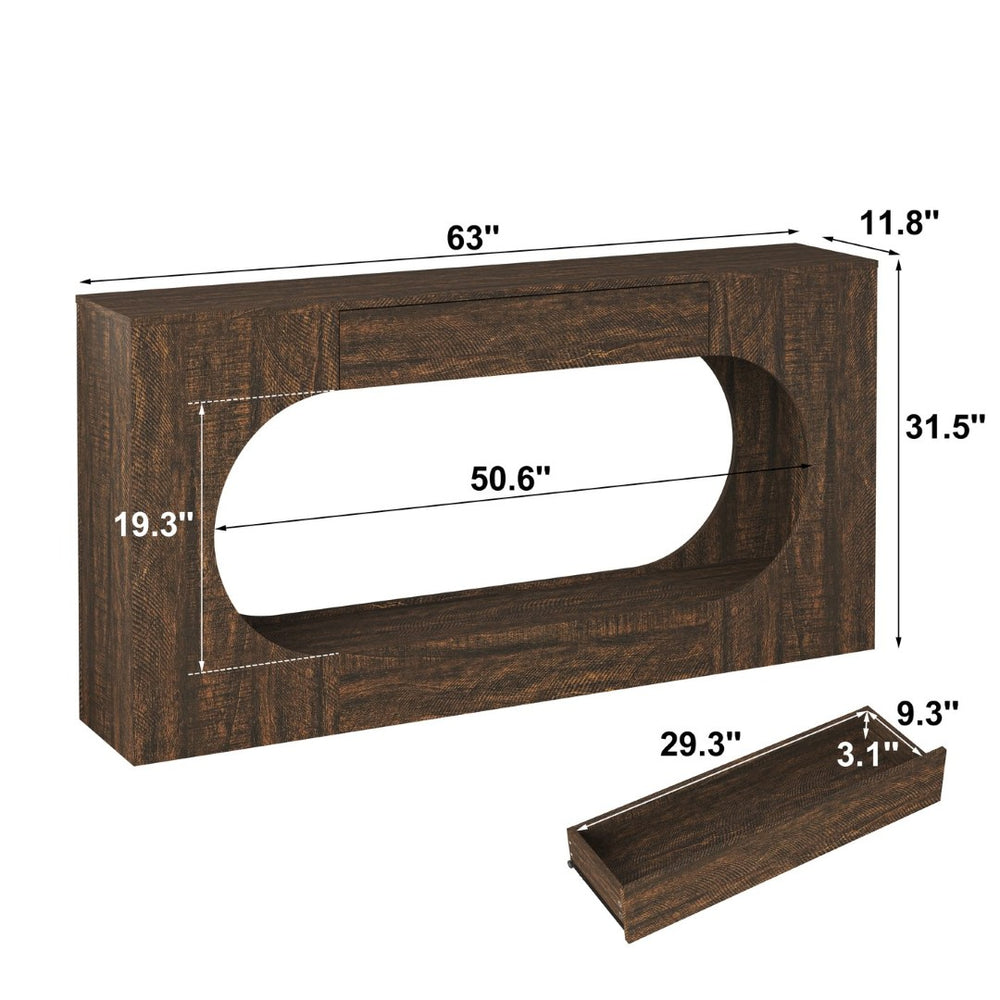 English Elm Walnut Grain Engineered Wood Entryway Console with Drawer and Oval Open Frame W409P476244