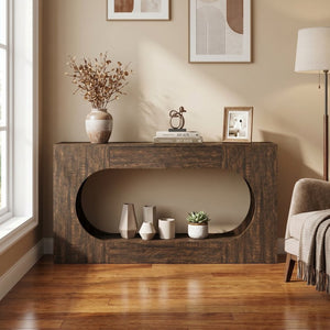 English Elm Walnut Grain Engineered Wood Entryway Console with Drawer and Oval Open Frame W409P476244