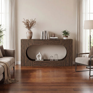 English Elm Walnut Grain Engineered Wood Entryway Console with Drawer and Oval Open Frame W409P476244