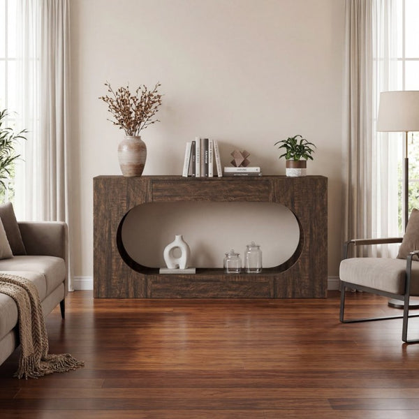 English Elm Walnut Grain Engineered Wood Entryway Console with Drawer and Oval Open Frame W409P476244