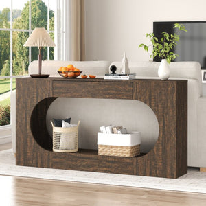English Elm Walnut Grain Engineered Wood Entryway Console with Drawer and Oval Open Frame W409P476244