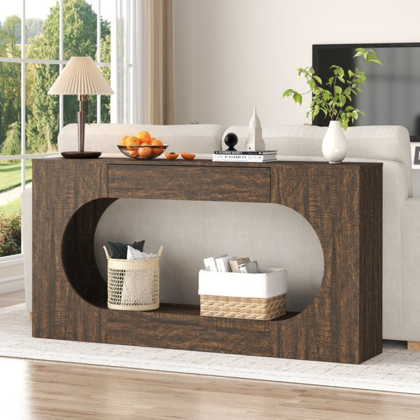 English Elm Walnut Grain Engineered Wood Entryway Console with Drawer and Oval Open Frame W409P476244