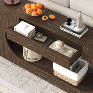 English Elm Walnut Grain Engineered Wood Entryway Console with Drawer and Oval Open Frame W409P476244