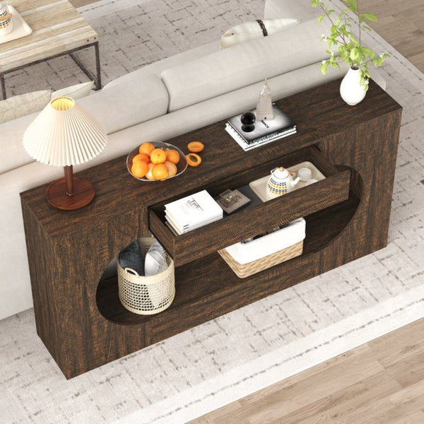 English Elm Walnut Grain Engineered Wood Entryway Console with Drawer and Oval Open Frame W409P476244