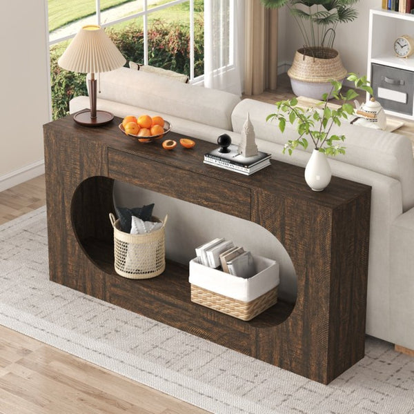 English Elm Walnut Grain Engineered Wood Entryway Console with Drawer and Oval Open Frame W409P476244