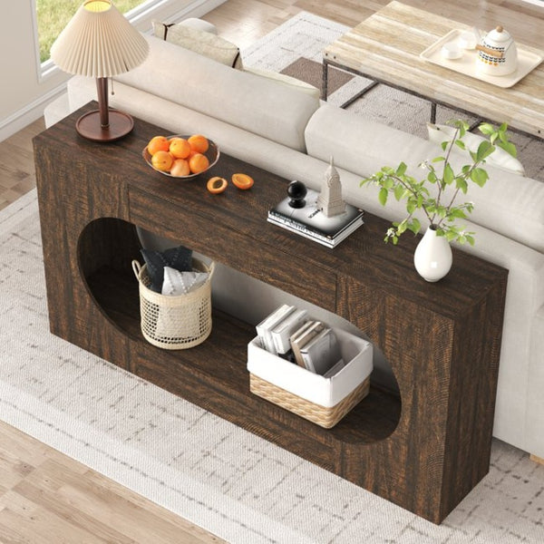 English Elm Walnut Grain Engineered Wood Entryway Console with Drawer and Oval Open Frame W409P476244