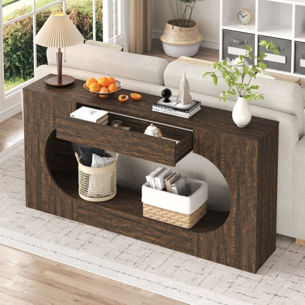 English Elm Walnut Grain Engineered Wood Entryway Console with Drawer and Oval Open Frame W409P476244