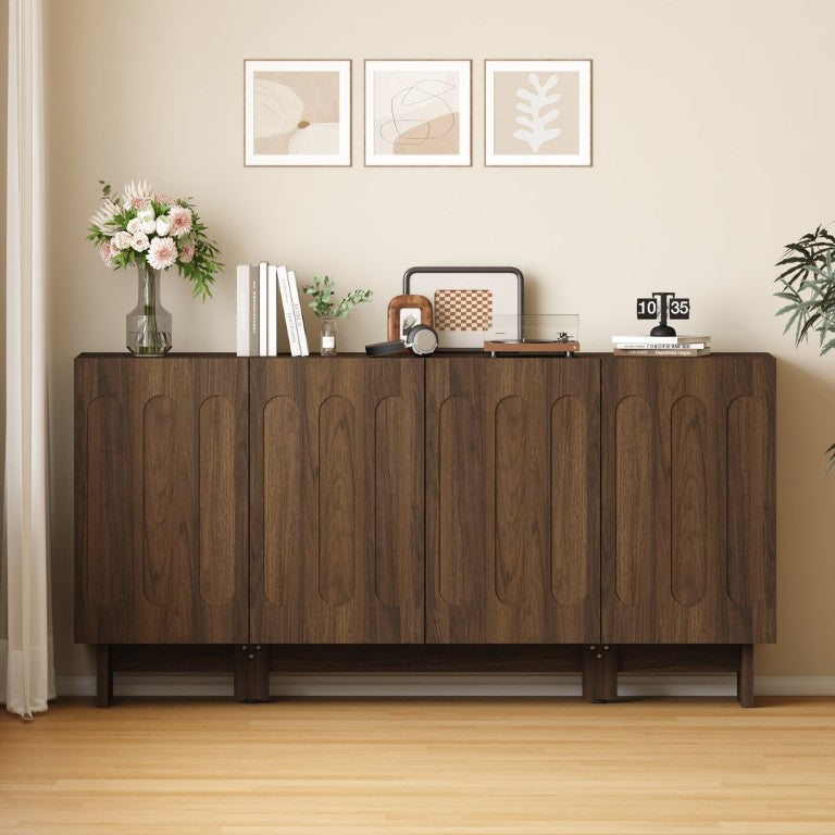 English Elm 63 Inch Mid-Century Walnut Credenza with Carved Arched Doors and Adjustable Interior Shelves W409P533437