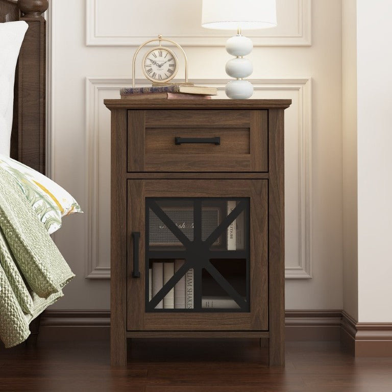 English Elm Nightstand Walnut Finish Bedside Cabinet with Iron Overlay Glass Door for Bedroom Storage W409P536030