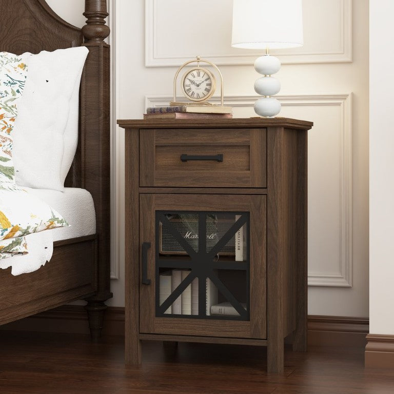 English Elm Nightstand Walnut Finish Bedside Cabinet with Iron Overlay Glass Door for Bedroom Storage W409P536030