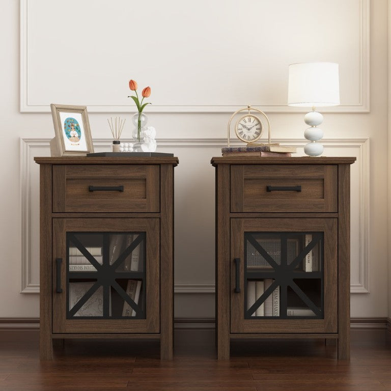 English Elm Set of 2 Walnut Finish Nightstands with Glass Door and Black Metal Accent for Bedroom W409P536031