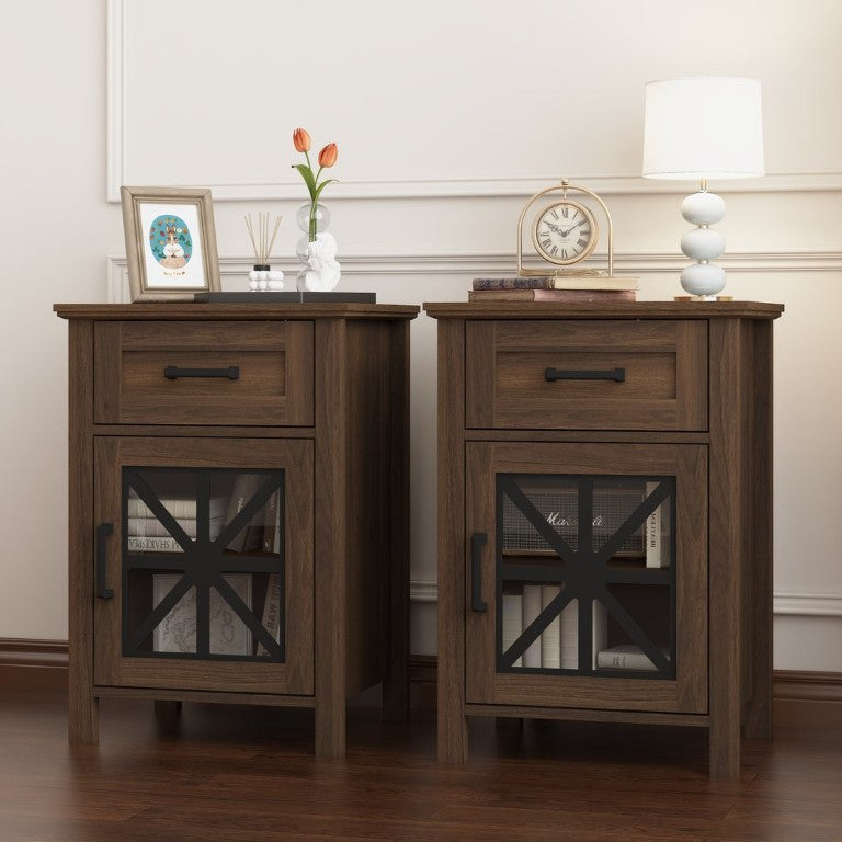 English Elm Set of 2 Walnut Finish Nightstands with Glass Door and Black Metal Accent for Bedroom W409P536031