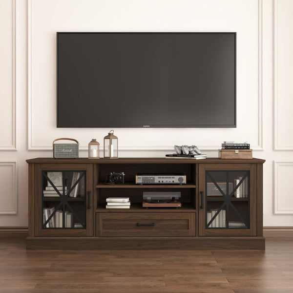 English Elm 63 Inch Farmhouse Media Console with Walnut Finish Glass Cabinet Doors and Open Shelving W409P536032