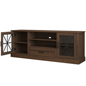 English Elm 63 Inch Farmhouse Media Console with Walnut Finish Glass Cabinet Doors and Open Shelving W409P536032