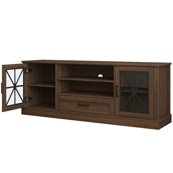 English Elm 63 Inch Farmhouse Media Console with Walnut Finish Glass Cabinet Doors and Open Shelving W409P536032