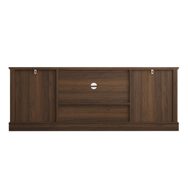 English Elm 63 Inch Farmhouse Media Console with Walnut Finish Glass Cabinet Doors and Open Shelving W409P536032