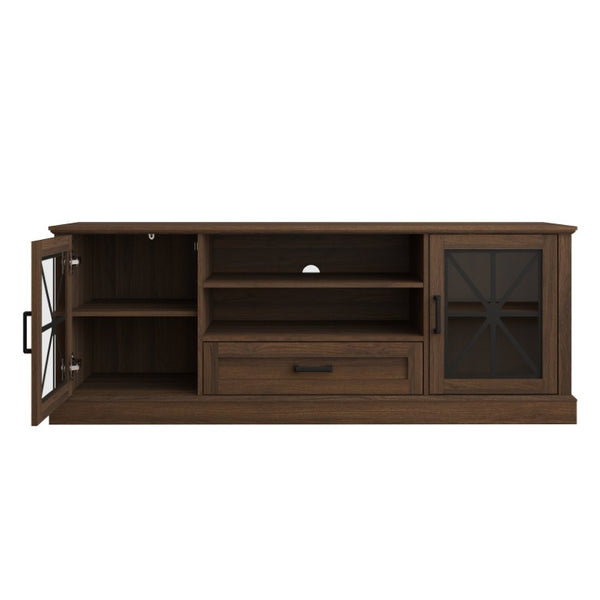 English Elm 63 Inch Farmhouse Media Console with Walnut Finish Glass Cabinet Doors and Open Shelving W409P536032