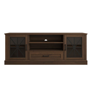 English Elm 63 Inch Farmhouse Media Console with Walnut Finish Glass Cabinet Doors and Open Shelving W409P536032