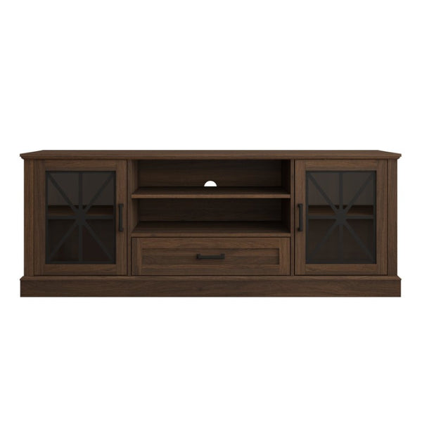 English Elm 63 Inch Farmhouse Media Console with Walnut Finish Glass Cabinet Doors and Open Shelving W409P536032