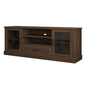 English Elm 63 Inch Farmhouse Media Console with Walnut Finish Glass Cabinet Doors and Open Shelving W409P536032