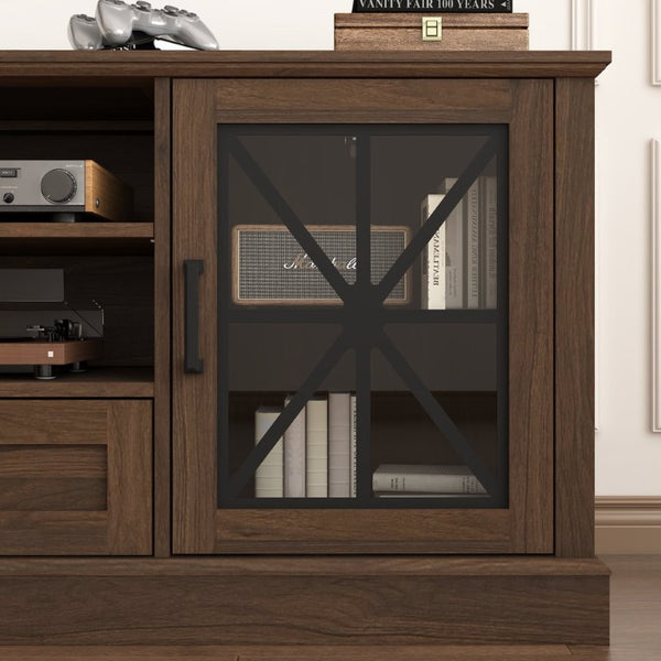 English Elm 63 Inch Farmhouse Media Console with Walnut Finish Glass Cabinet Doors and Open Shelving W409P536032